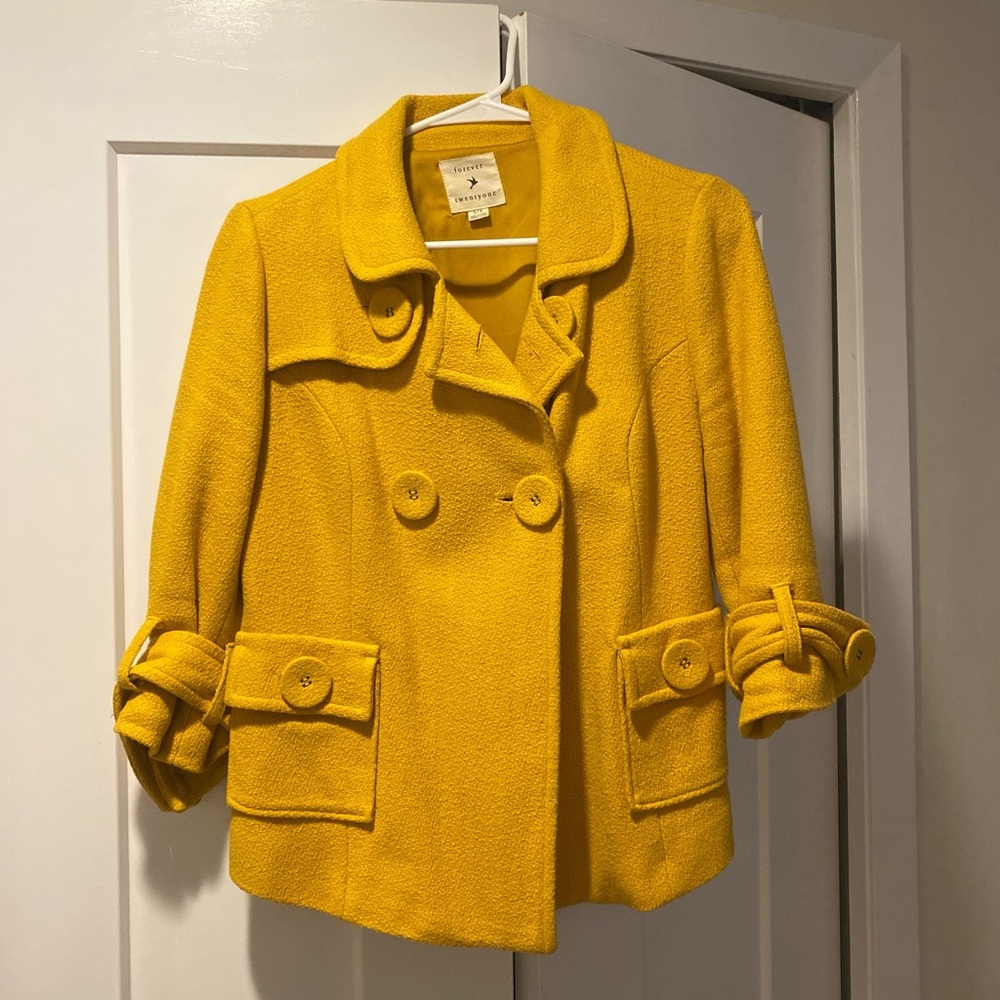 Wool Gold peacoat Blazer with 3/4 sleeves and a touch of whimsy